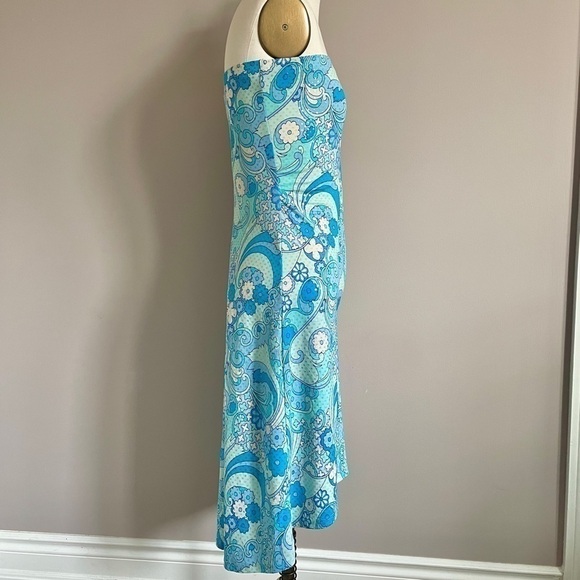 Vintage Y2K Blue Psychedelic Floral Print Faux Sequin High Low Hem Tube Dress S - Picture 5 of 8